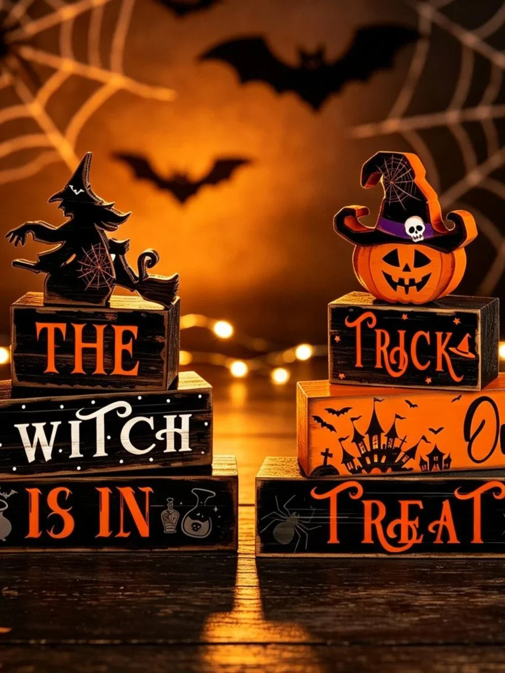 Halloween Stacked Wooden Block,Ghost Witch Pumpkin Tabletop Sign,Spooky Season